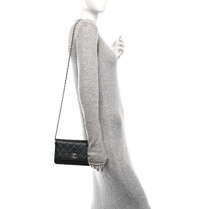 Lambskin Pearl Strass Quilted CC Wallet on Chain WOC Black