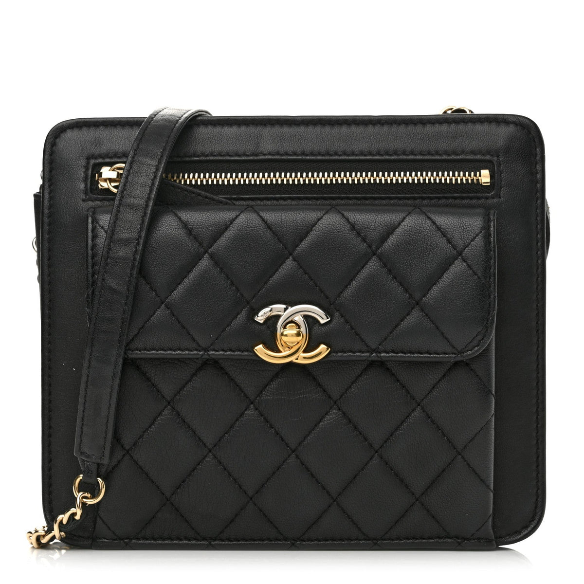 Lambskin Quilted Square Front Pocket Clutch With Chain Black