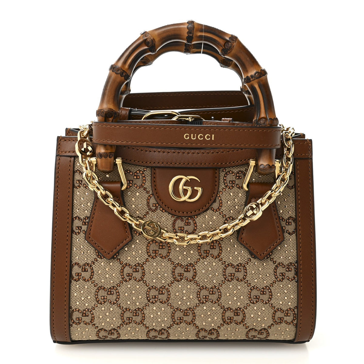 New Canvas Charisma Calfskin Crystal GG Monogram Mini Diana Tote Bag Camel Ebony