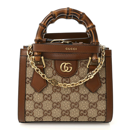 New Canvas Charisma Calfskin Crystal GG Monogram Mini Diana Tote Bag Camel Ebony