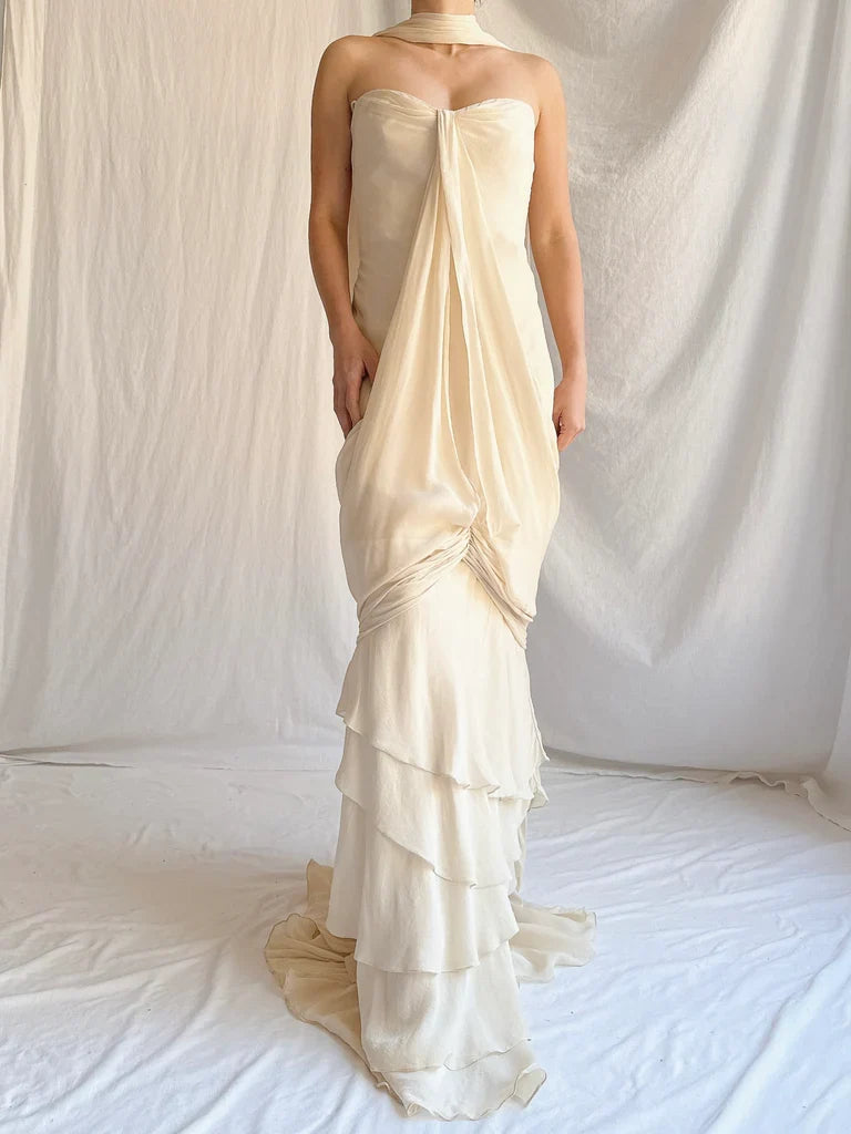 Vintage Apricot Draped Gown Featuring Strapless Neckline Dress with Scarf SH3628
