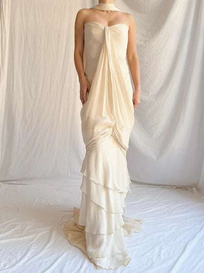 Vintage Apricot Draped Gown Featuring Strapless Neckline Dress with Scarf SH3628