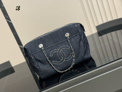 CHANEL BOWLING HANDBAG BLUE DENIM JEANS 32CM