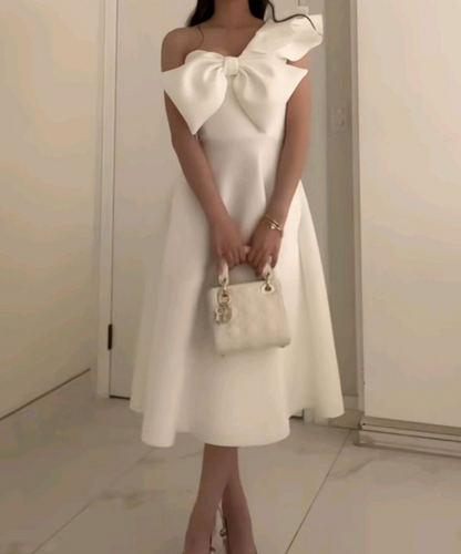 White One Shoulder A-Line Midi Length Formal Party Dress MD7434