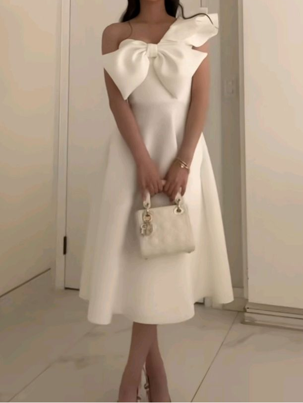 White One Shoulder A-Line Midi Length Formal Party Dress MD7434