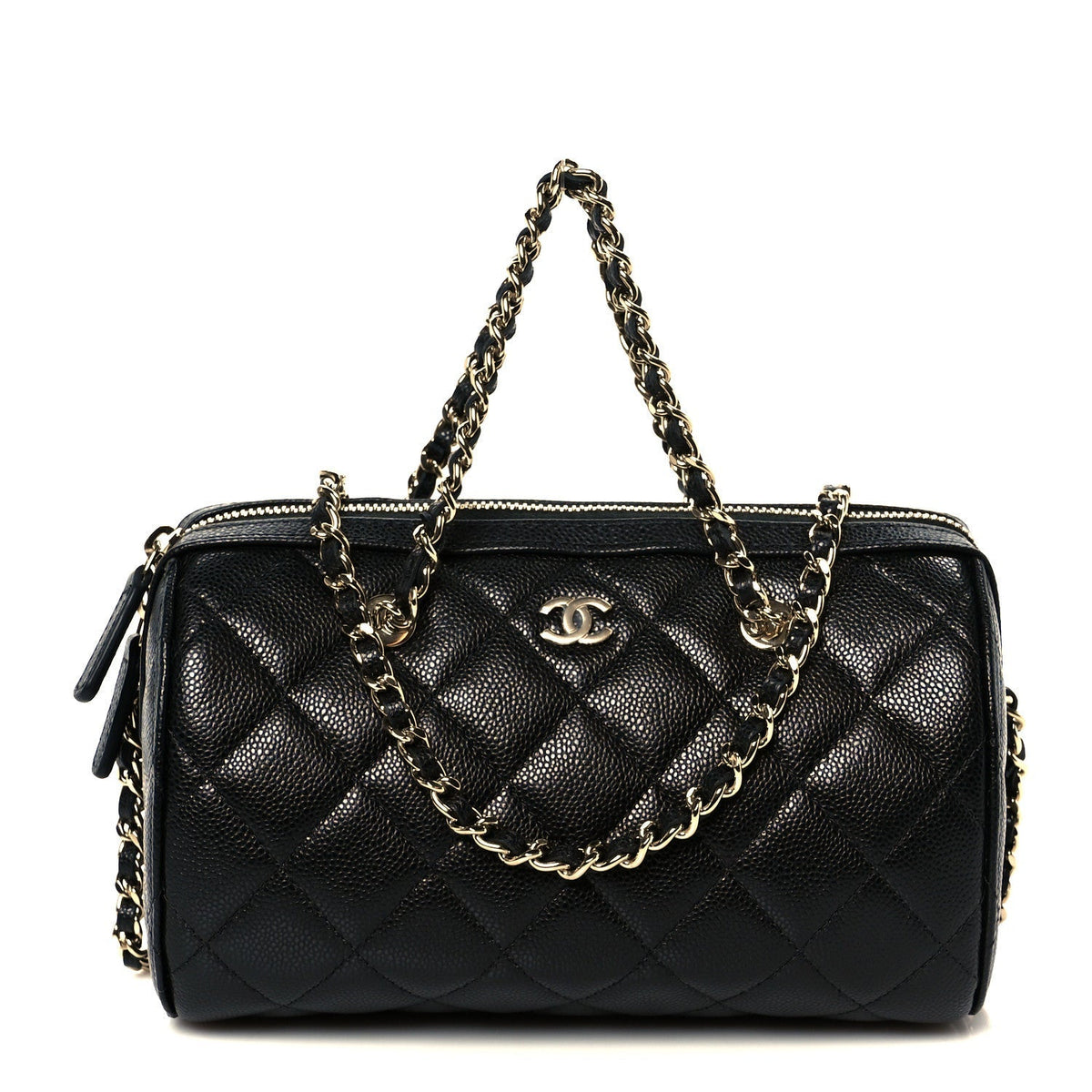 Caviar Quilted Barrel Clutch With Chain Black