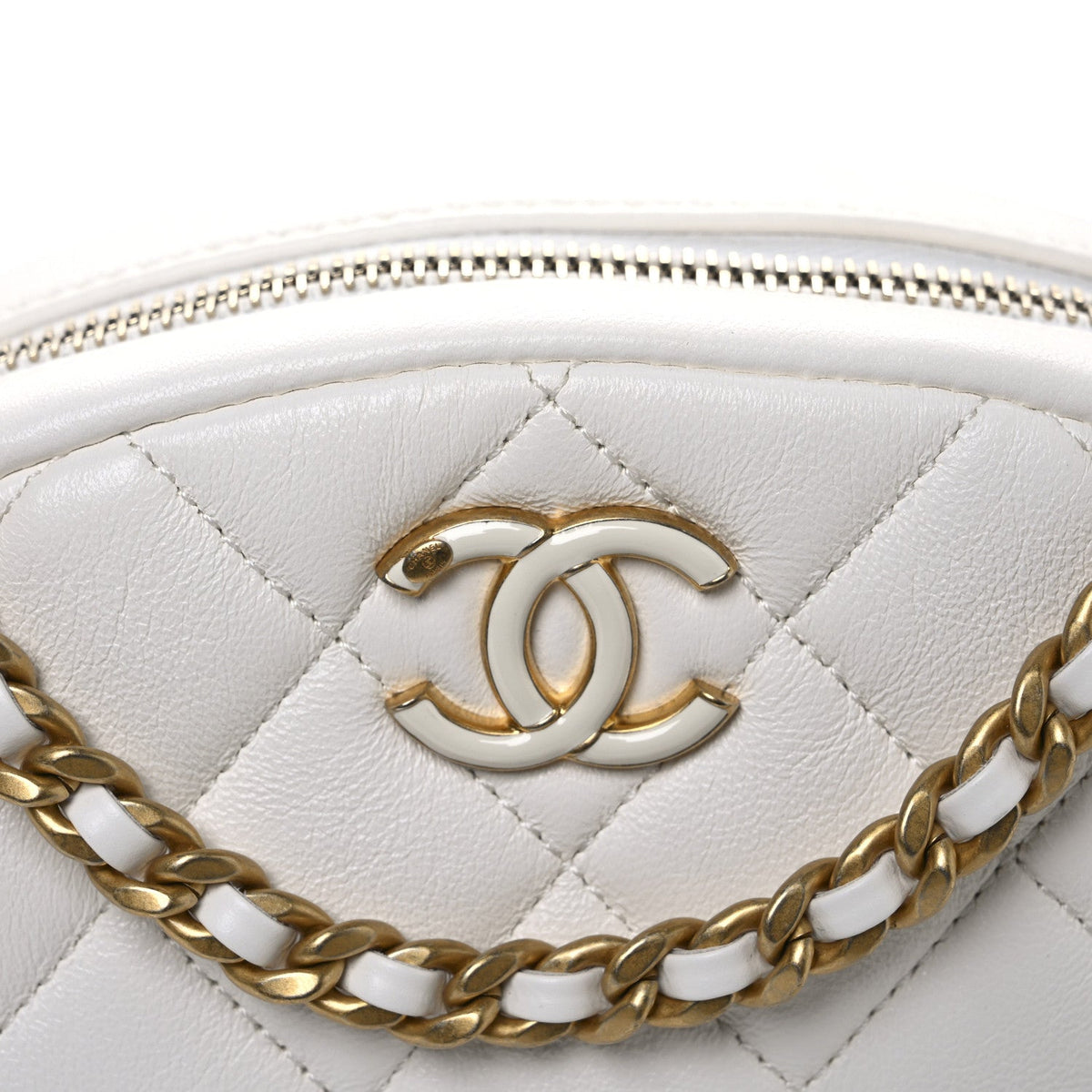 Lambskin Enamel Quilted Mini Clip Round Camera Case White