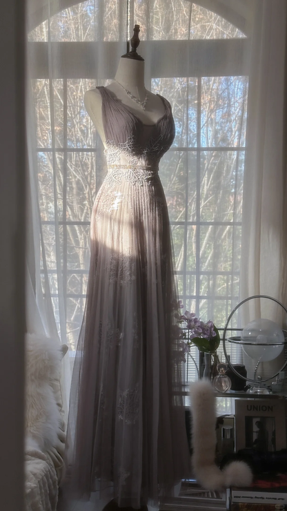 Vintage Light Purple Applique Design Romantic Chiffon Evening Dress Prom Dress D1511