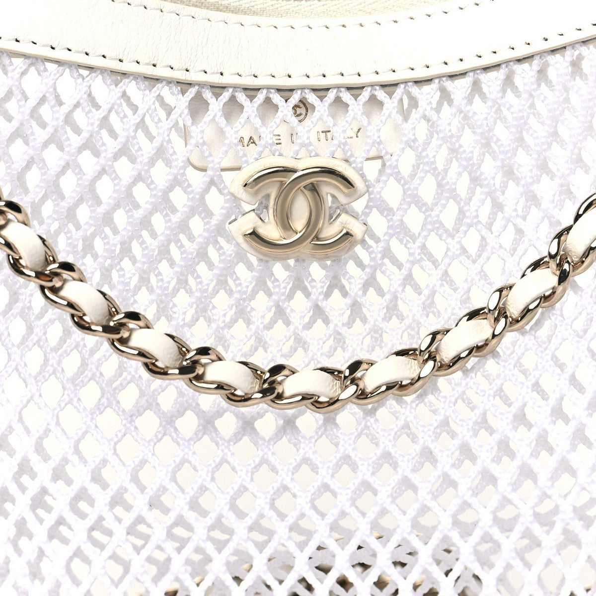 Mesh Shiny Lambskin Chain Hobo White