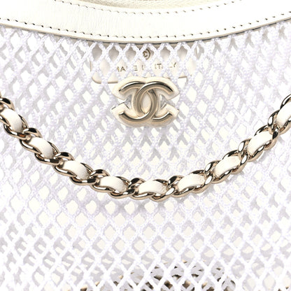 Mesh Shiny Lambskin Chain Hobo White