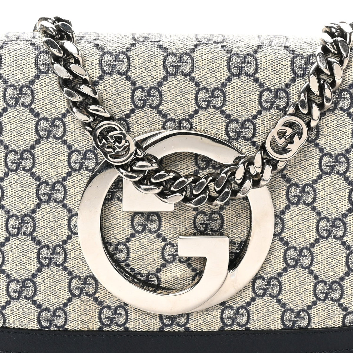 GG Supreme Monogram Textured Dollar Calfskin Blondie Chain Shoulder Flap Bag Beige Blue