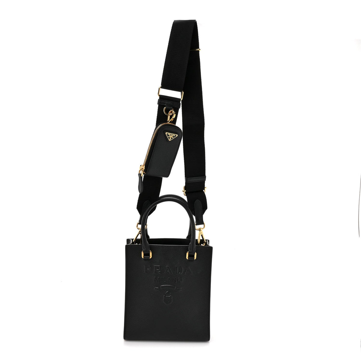 Saffiano Lux Triangle Logo Embossed Small Double Handle Crossbody Tote Black