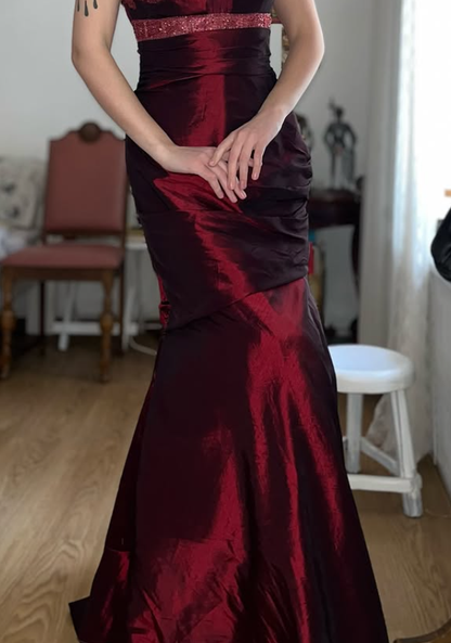 Vintage Burgundy Mermaid Strapless Beaded Satin Prom Dress Evening Dress Date Dress SH5639