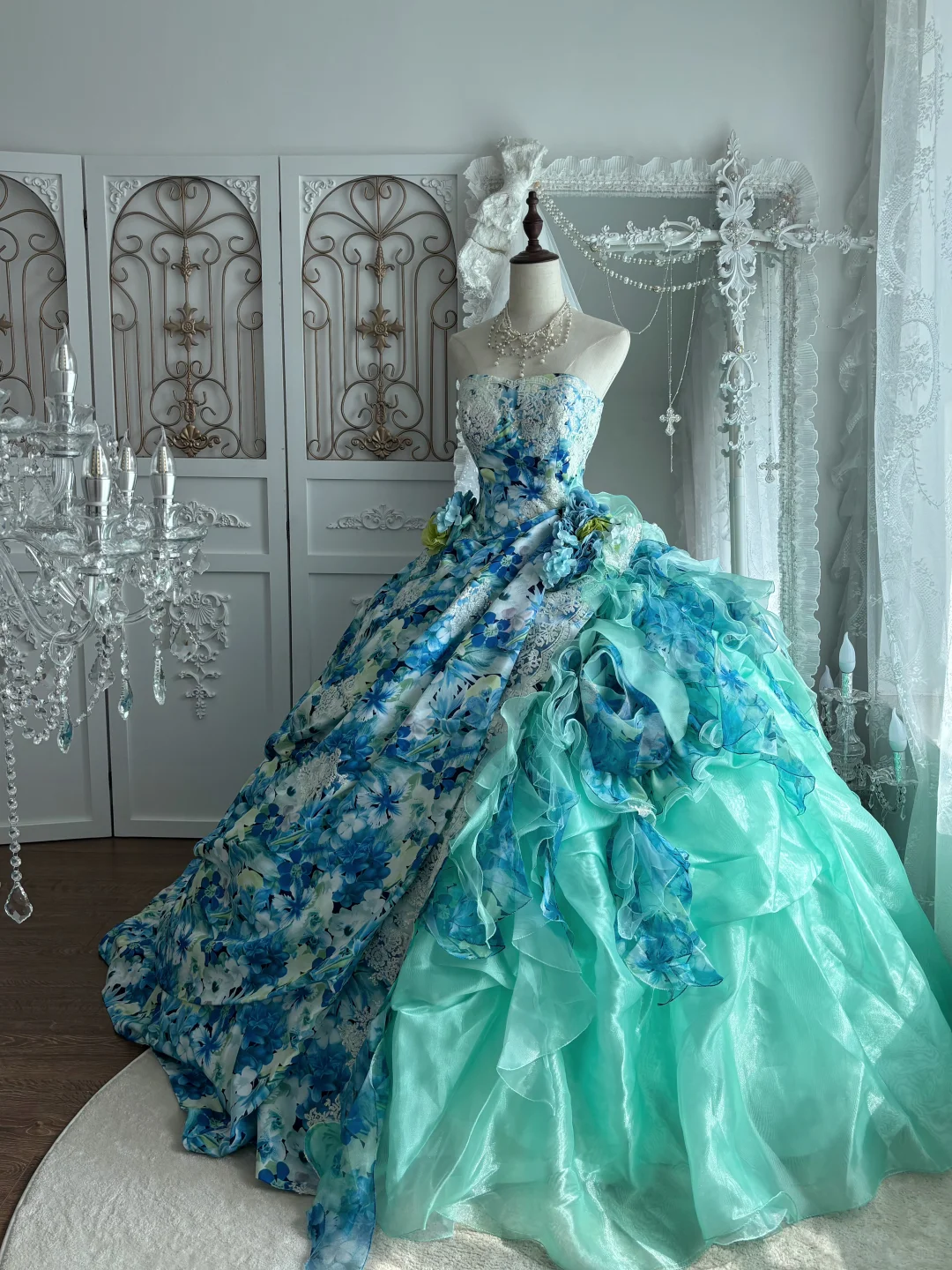 Vintage Dreamy Blue Strapless Print Floral Organza Prom Dress Sweet 16 Dress SH5782