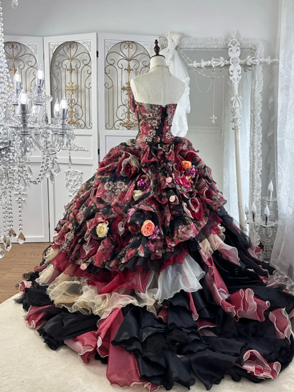 Vintage Black-Red Ball Gown Strapless 3D Floral Layered Organza Prom Dress Sweet 16 Dress SH5784