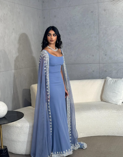 Sparkly  Blue Evening Dresses Cape Long Mermaid Prom Dress Formal Evening Dress Wedding Dress SH945