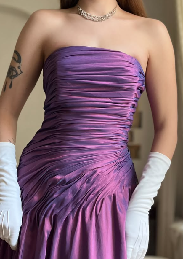 Vintage A Line Strapless Pleated Purple Satin Prom Dress Evening Dress SH6071