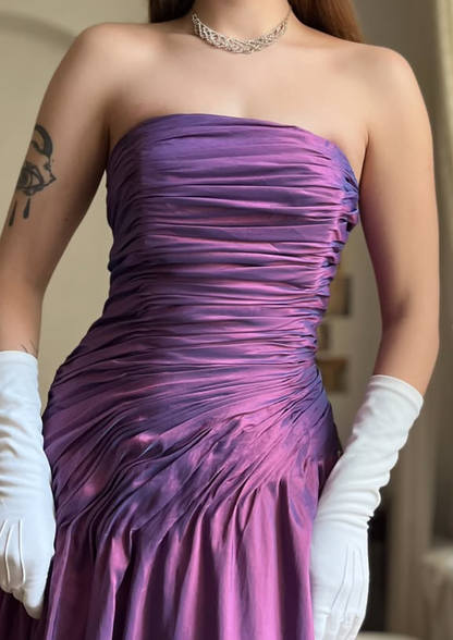 Vintage A Line Strapless Pleated Purple Satin Prom Dress Evening Dress SH6071