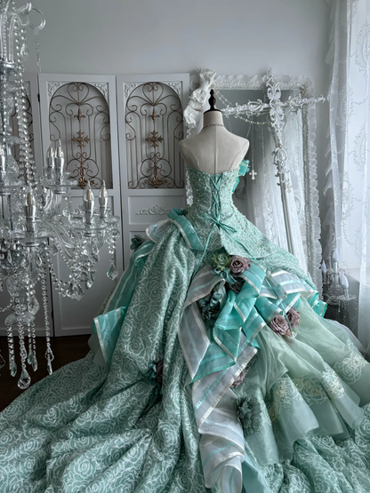 Vintage Blue Rose Print Ball Gown Exquisite Beaded Tulle Prom Dress Sweet 16 Dress SH5988