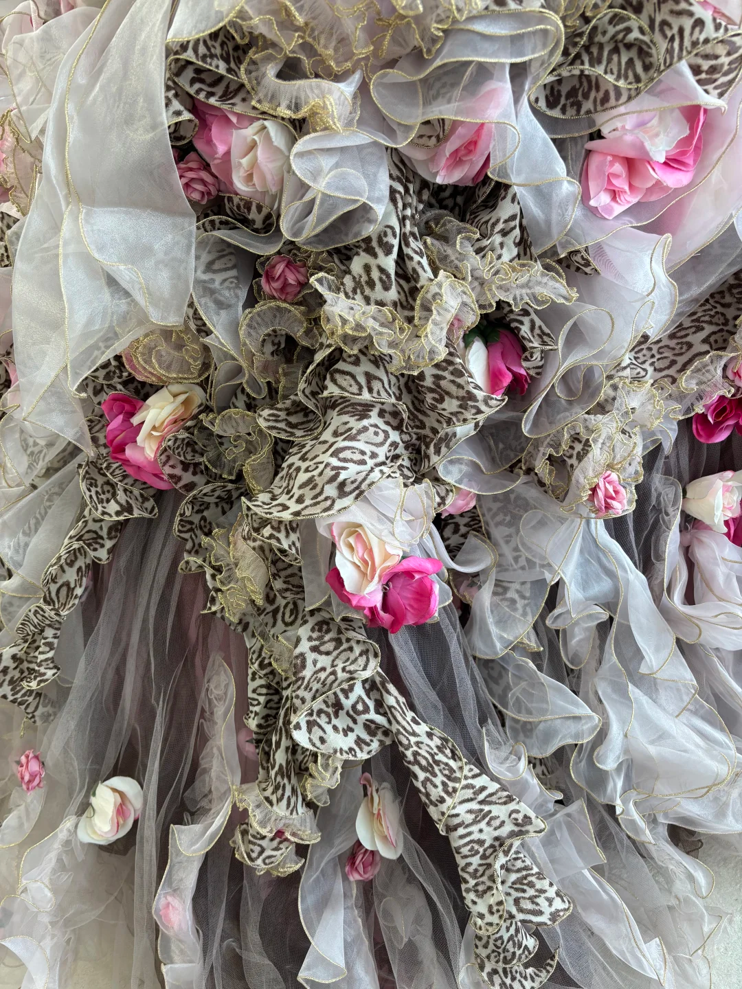 Vintage Leopard Print Ball Gown Strapless 3D Floral Layered Tulle Prom Dress Sweet 16 Dress SH5785