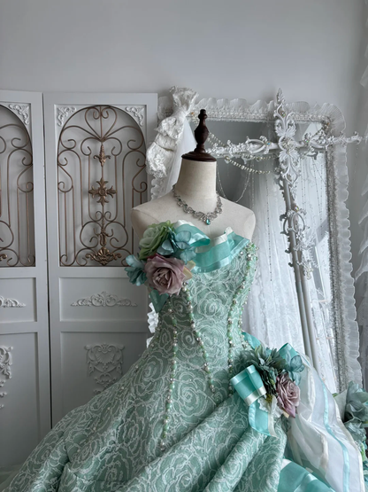 Vintage Blue Rose Print Ball Gown Exquisite Beaded Tulle Prom Dress Sweet 16 Dress SH5988