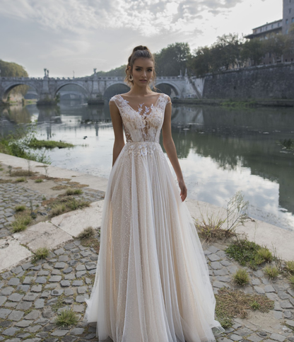 Stunning A Line V Neck Exquisite Beaded Apricot Tulle Long Wedding Dress SH6041