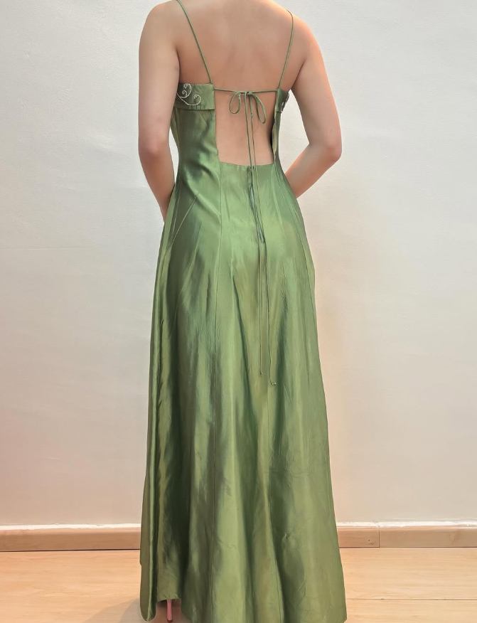 Vintage A Line Spaghetti Strap Beaded Green Satin Prom Dress Evening Dress SH2143