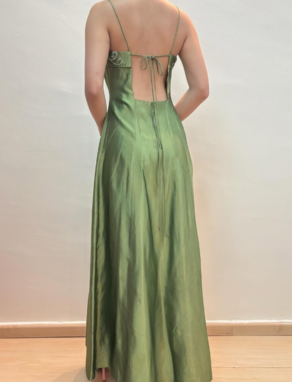 Vintage A Line Spaghetti Strap Beaded Green Satin Prom Dress Evening Dress SH2143
