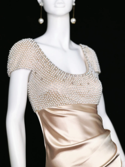 Vintage Champagne A Line Exquisite Pearls Satin Prom Dress Evening Dress SH5132