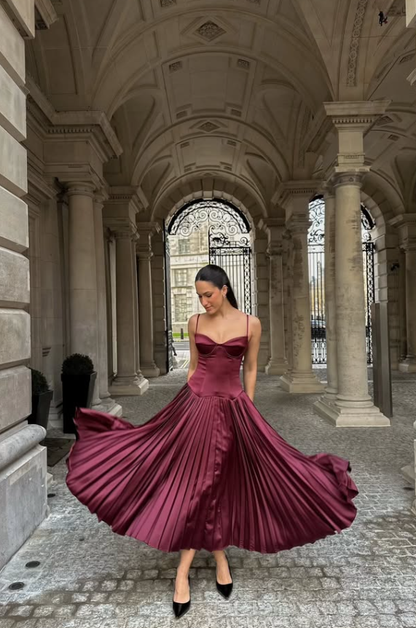 Stunning A Line Spaghetti Strap Pleated Dark Burgundy Satin Long Party Dress SH2921