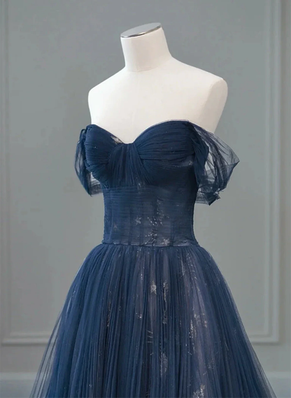 Navy Blue Off Shoulder A-Line Tulle Long Formal Party Dress MD7337