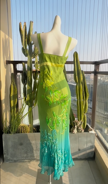 Stunning Vintage Sheath V Neck Beaded Green Blue Ombre Chiffon Prom Dress SH5177