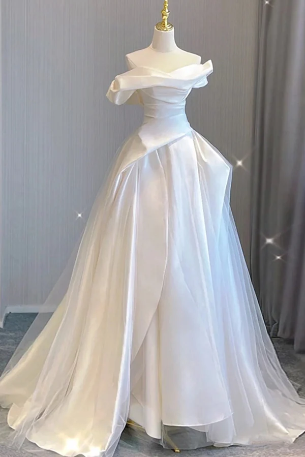White Off Shoulder A-Line Tulle Satin Wedding Dress Birthday Gown MD7598
