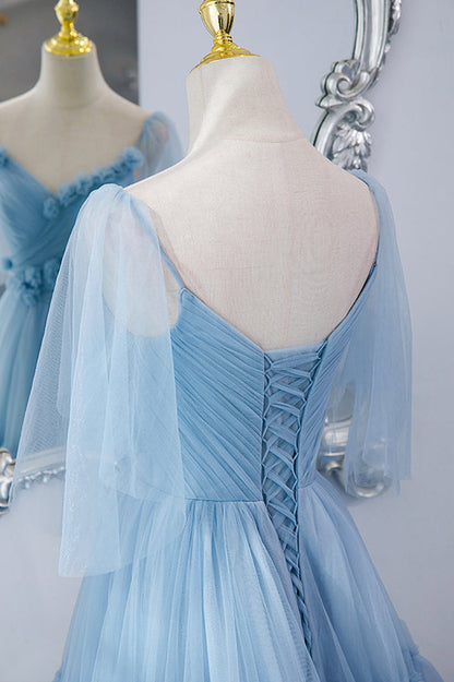 Blue tulle long prom dress blue evening dress M5295