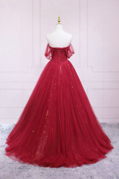 Burgundy tulle sequins long prom dress A line evening gown M5298