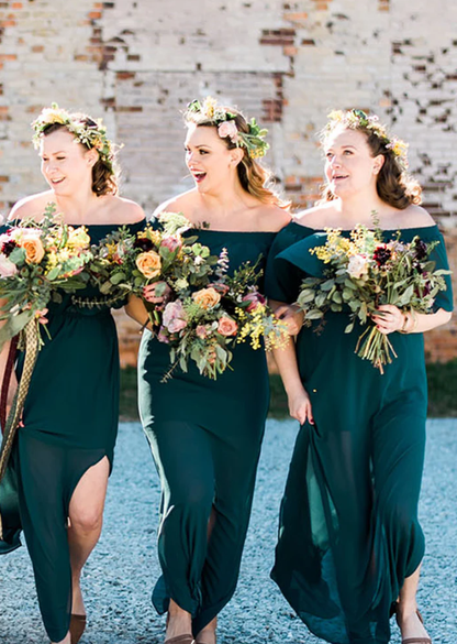 Teal Green Chiffon Off The Shoulder Side Slit Boho Bridesmaid Dresses SH5581