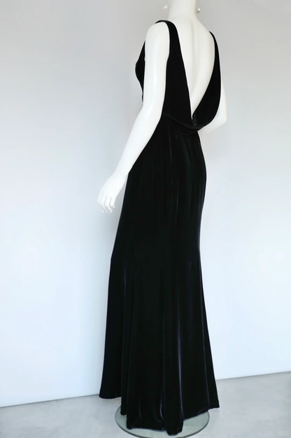 Vintage Classic Black Mermaid Straps Velvet Open Back Prom Dress Evening Dress SH5130