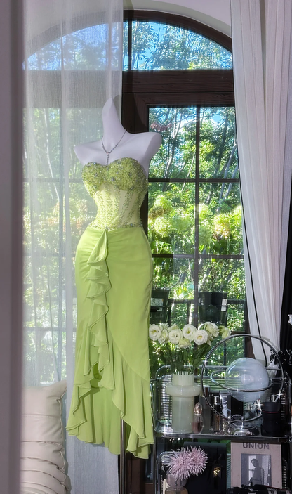 Vintage Green Mermaid Sweetheart Neck Beaded Ruffle Chiffon Prom Dress SH5122