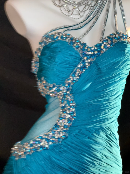 Vintage Blue A Line One Shoulder Beaded Chiffon Prom Dress Graduation Prom Dress SH5433