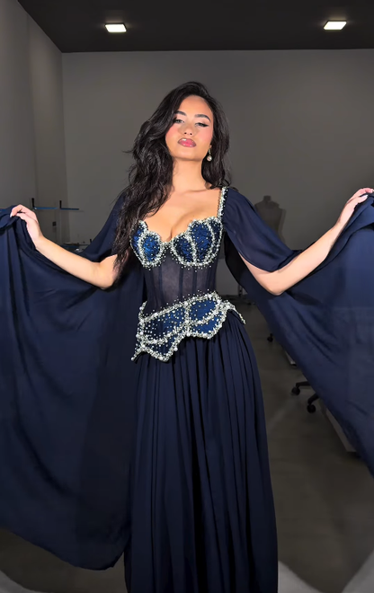 Stunning Navy Blue A Line Exquisite Pearl Beaded Chiffon Tulle Graduation Prom Dress SH5331
