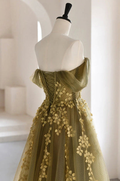 Green tulle lace long prom dress A line evening dress M5323