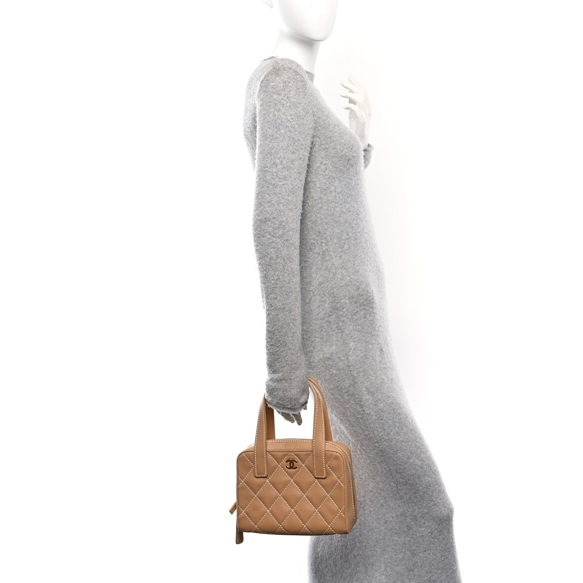Calfskin Wild Stitch Small Vertical Top Handle Bag Beige