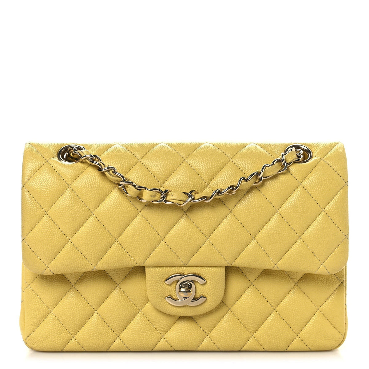 Caviar Quilted Small Double Flap Light Yellow