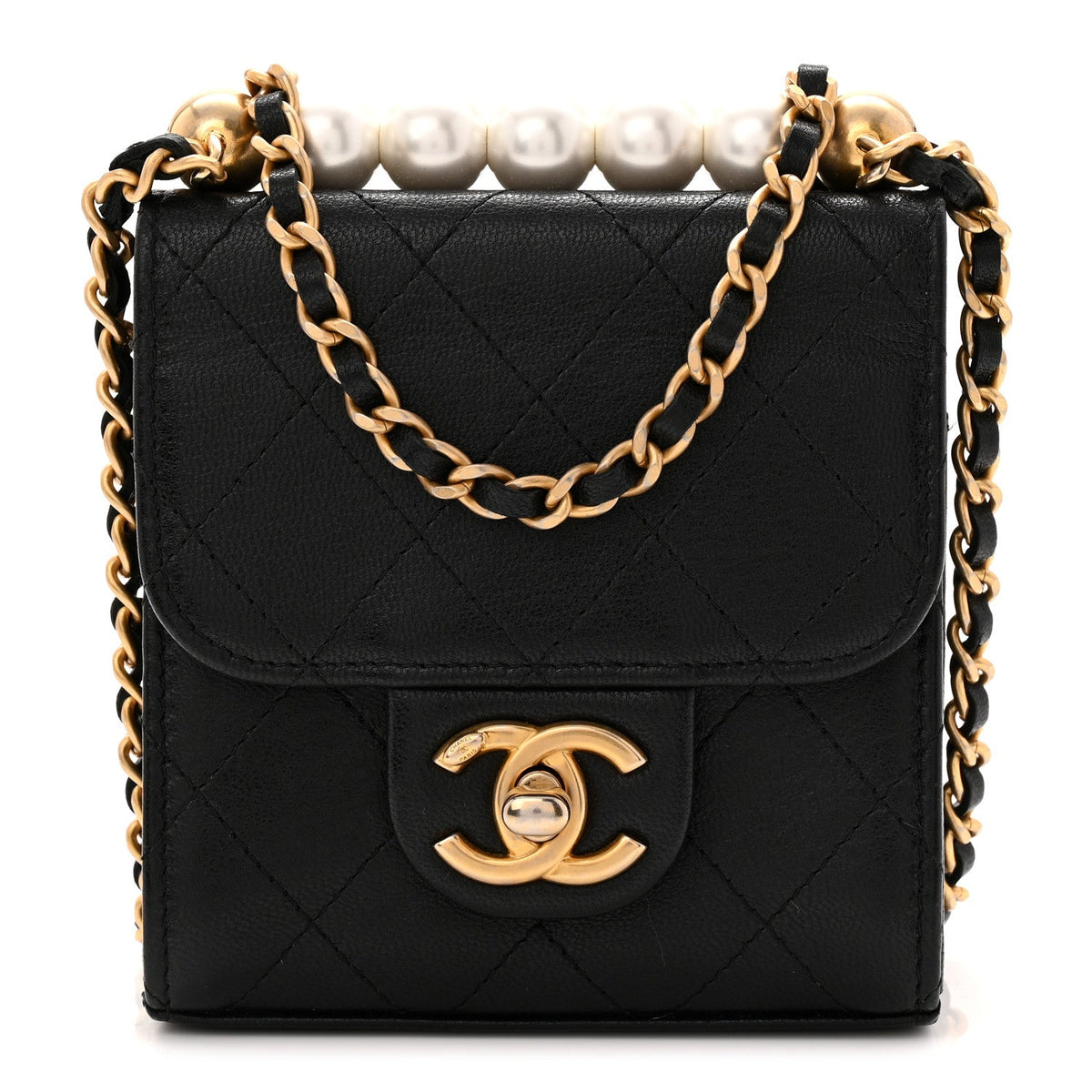 Lambskin Quilted Chic Pearls Flap Black