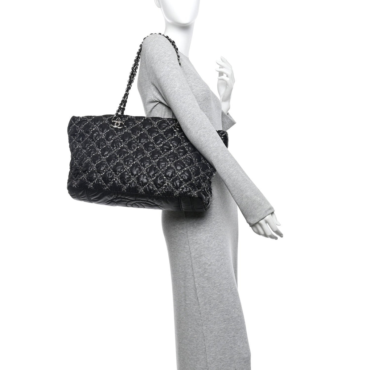 Nylon Quilted Tweed Stitch Bubble Tote Black