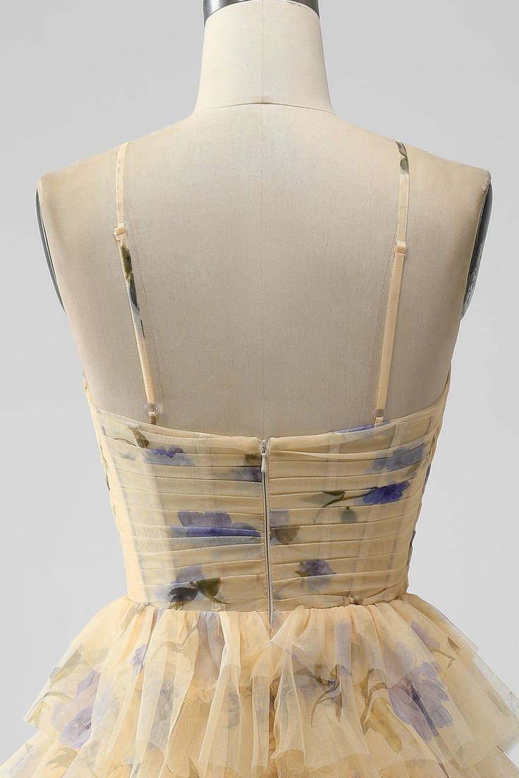 Vintage Yellow Floral Design A-line Spaghetti Strap Tiered Homecoming Dress, D1355