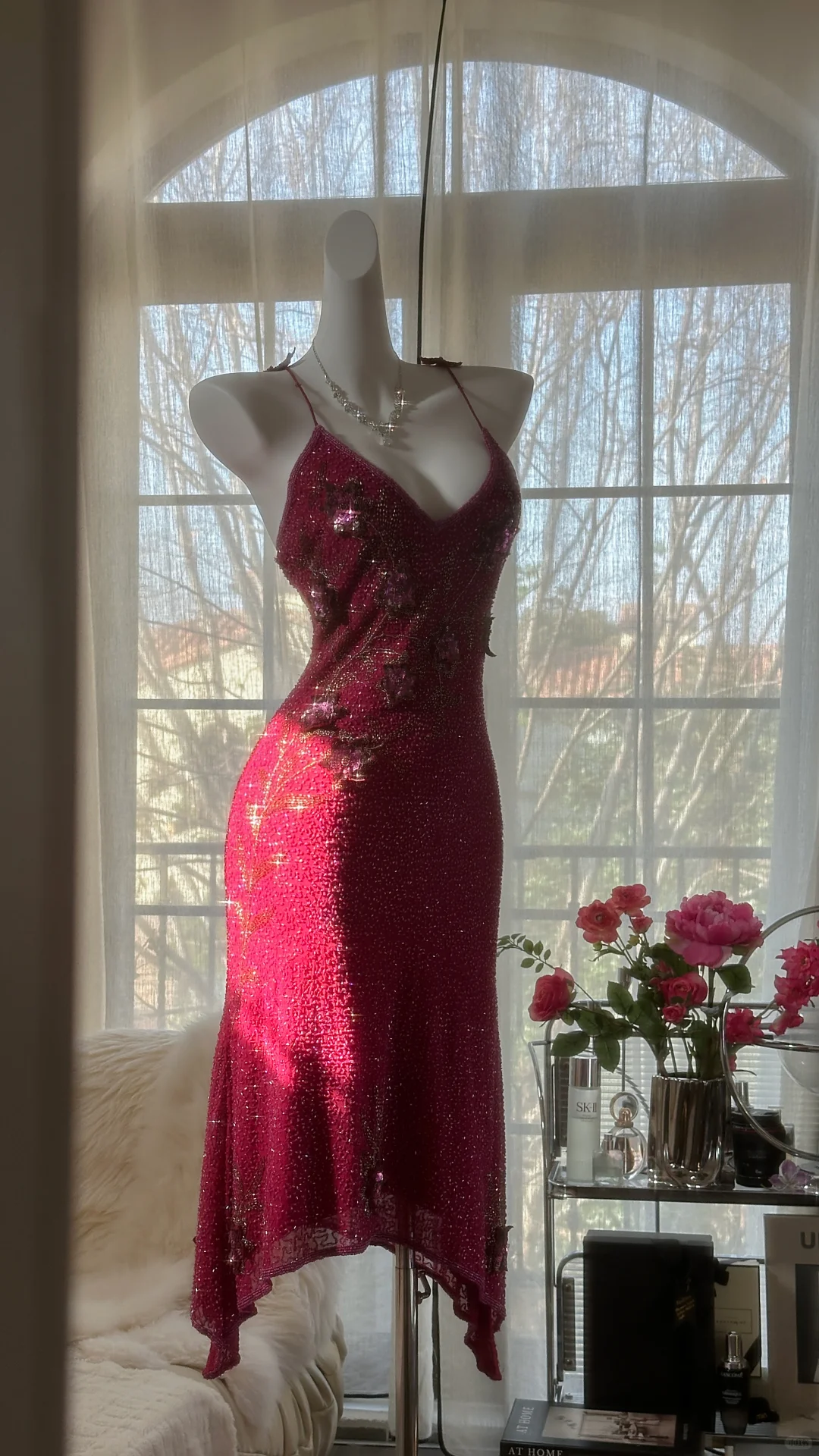 Vintage Shiny Sequin Rose Red Backless Design A-line Romantic Chiffon Evening Dress Prom Dress D1506