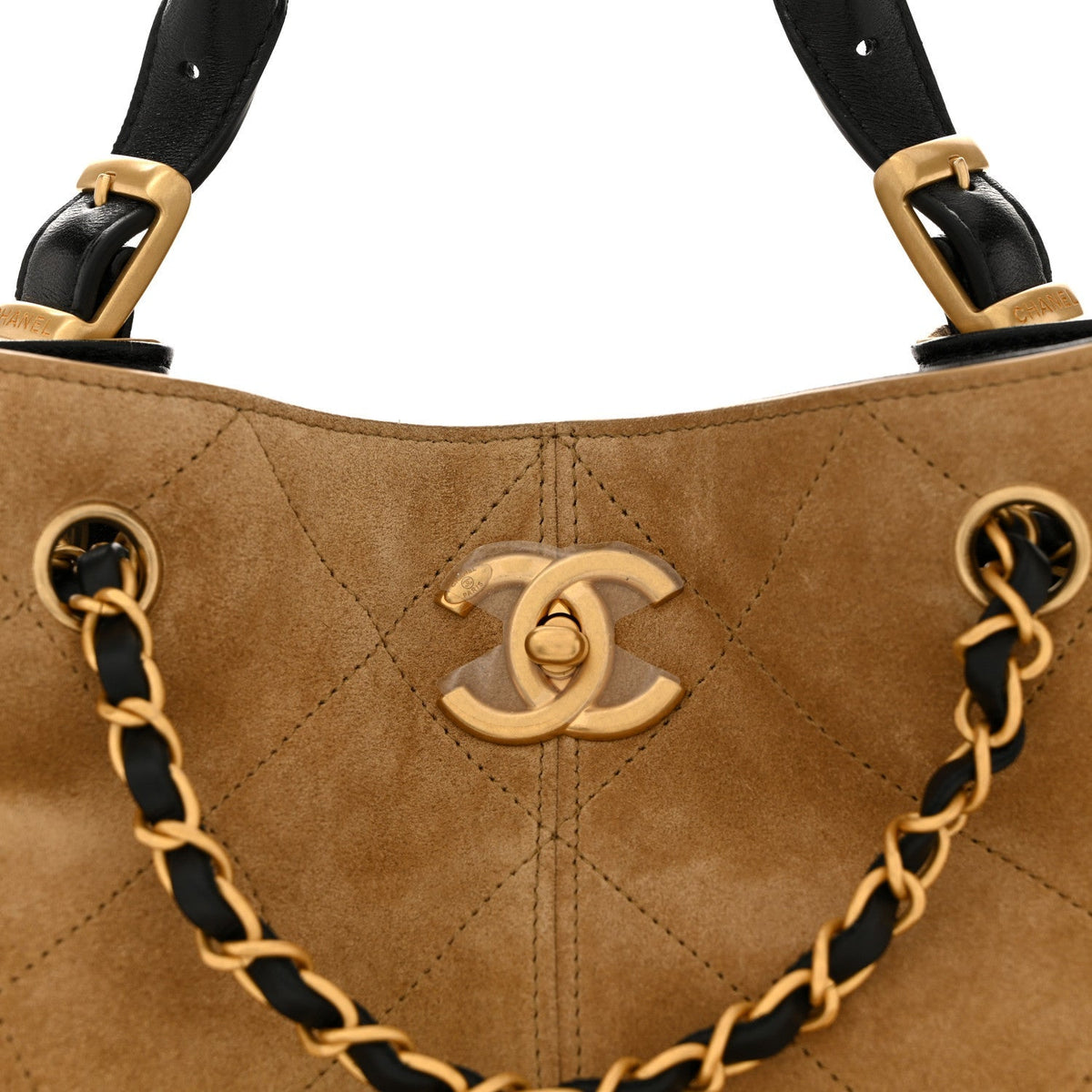 Suede Calfskin Shiny Lambskin Quilted Shopping Bag Beige Black