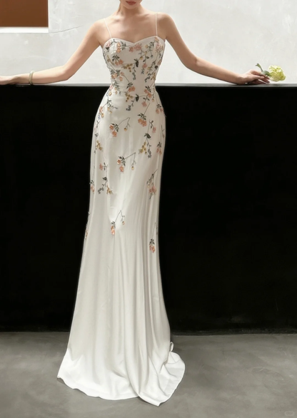 Elegant White Spaghetti Straps A-Line Flower Long Evening Party Dresses, D1044