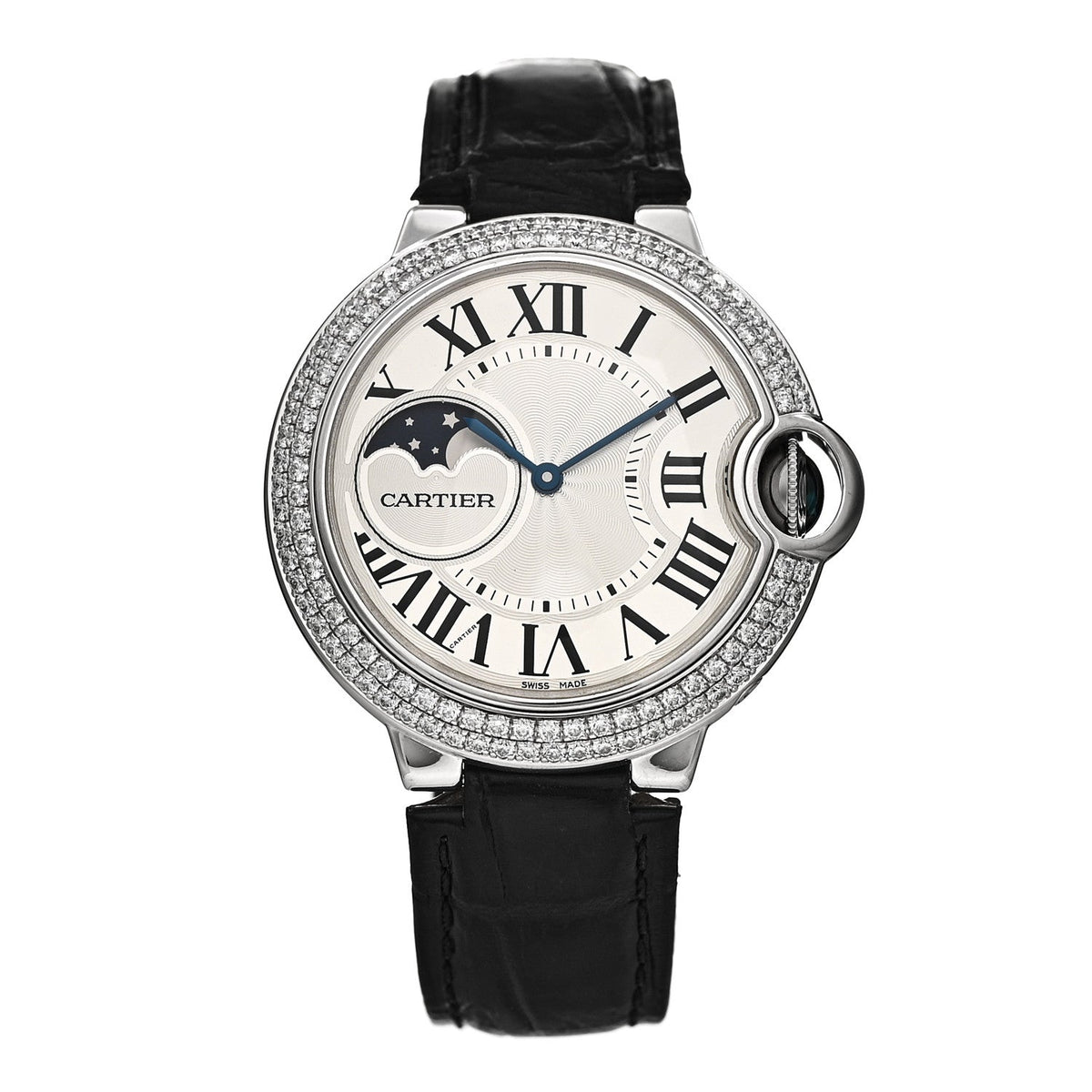 18K White Gold Diamond Pave Bezel 37mm Ballon Bleu De Cartier Moonphase Automatic Watch
